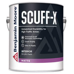 Paint can of Benjamin Moore Scuff-X Paint
