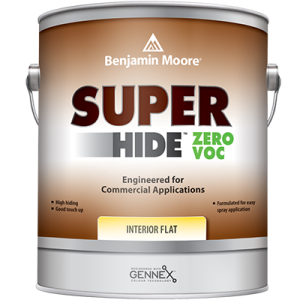 Paint can of Benjamin Moore Super Hide Zero VOC Paint, perfect for ceilings